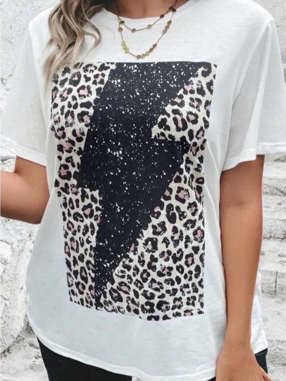 SHEIN White Tee with Black Lightning & Leopard Print